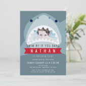 Shark Slate Blue Pool Boy Foto Geburtstag Einladung (Stehend Vorderseite)