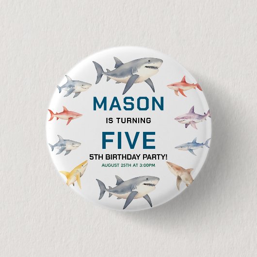 Shark Splash 5th Birthday Party | Cute Ocean Kids Button (Vorderseite)