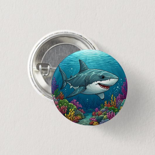 Shark swimming in ocean depths button (Vorne & Hinten)