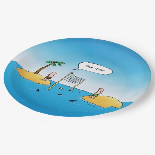 Shark Volleyball Funny Cartoon Pappteller (Schrägansicht)