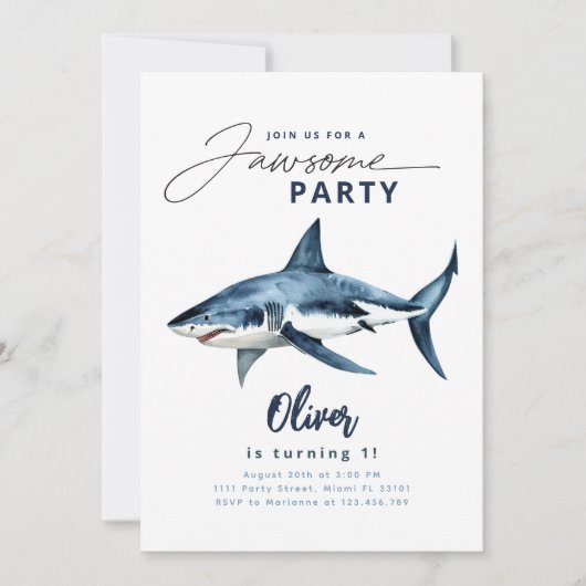Shark Watercolor Blue Minimalistisch Jawsome Party Einladung (Vorderseite)