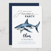 Shark Watercolor Blue Minimalistisch Jawsome Party Einladung (Vorne/Hinten)