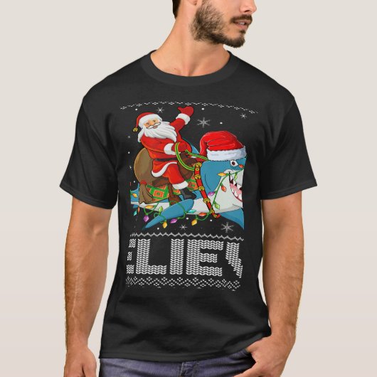 Shark Xmas Lighting Believe Ugly Santa Riding Shar T-Shirt (Vorderseite)