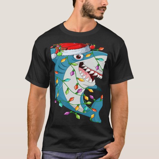 Shark Xmas Lights Reindeer Santa Shark Christmas T-Shirt (Vorderseite)