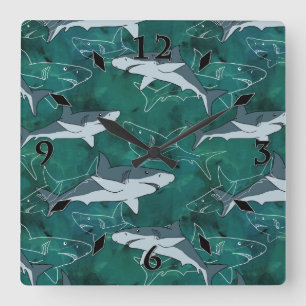 Sharks, marine,sea, fish, predator, animal, jaws,  quadratische wanduhr
