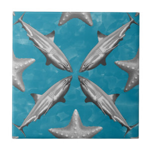 Sharks Starfish Ocean Life Nautical Coastal Blue Fliese