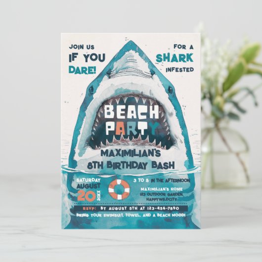 Sharktastic Summer BEACH Party Einladung (Stehend Vorderseite)