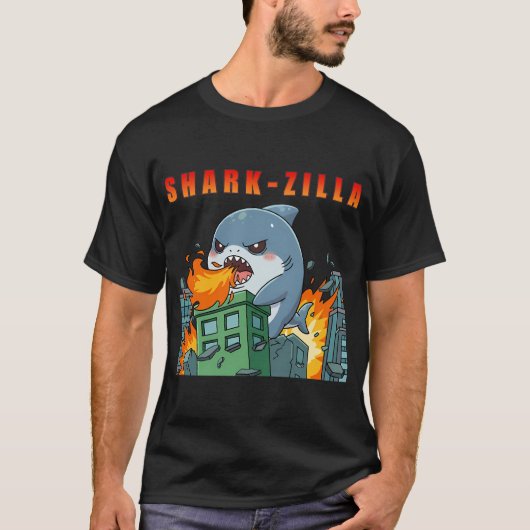 Sharkzilla Chibi Kaiju zerstört Stadt T-Shirt (Vorderseite)