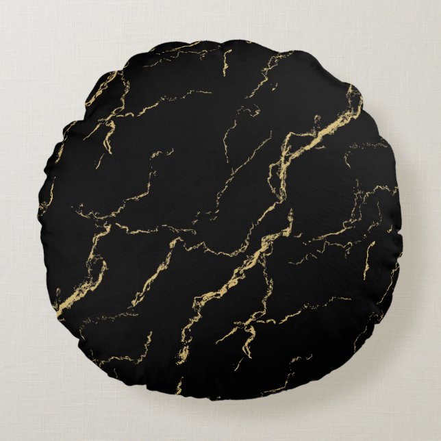 Sharp Black and Gold Marmor Rundes Kissen (Vorderseite)