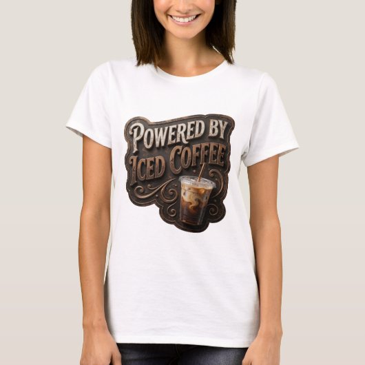 Sharp Gold POWERED BY ICED COFFEE Textdesign T-Shirt (Vorderseite)