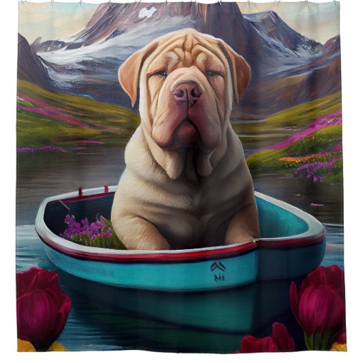 Sharpei on a Paddle: Ein Landschaftliches Abenteue Duschvorhang (Vorderseite)
