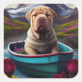 Sharpei on a Paddle: Ein Landschaftliches Abenteue Quadratischer Aufkleber (Vorderseite)