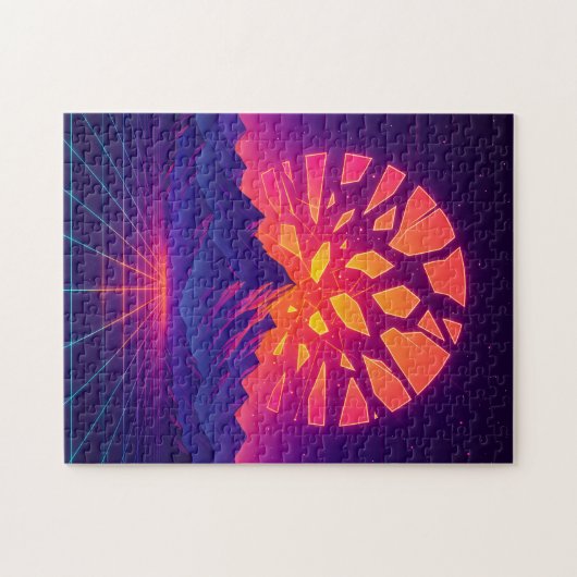 Shattered Neon Sun Over Synthwave Mountains Puzzle (Horizontal)