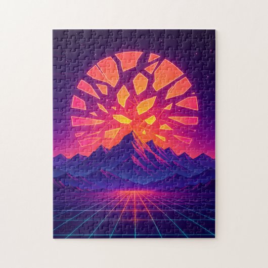 Shattered Neon Sun Over Synthwave Mountains Puzzle (Vertikal)