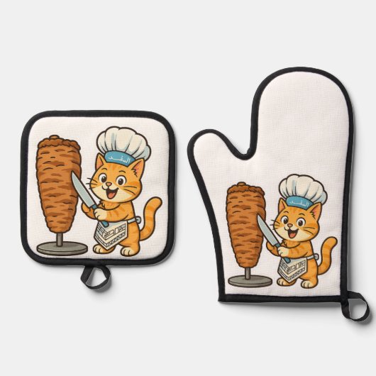Shawarma Cat Koch Sticker Ofenhandschuh & Topflappen-Set (Vorderseite)