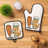Shawarma Cat Koch Sticker Ofenhandschuh & Topflappen-Set (Oben Unten)