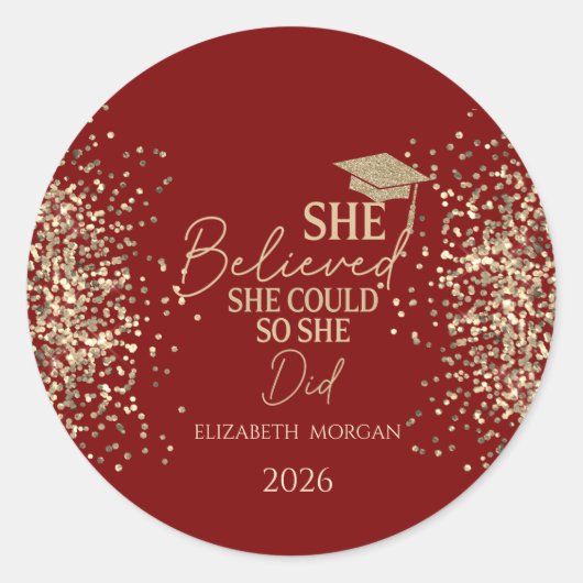 She Believed Gold Glitter Grad Cap,Dots Red Runder Aufkleber (Vorderseite)