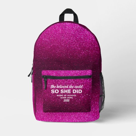 She Believed She Could Hot Pink Glitter Sparkles Bedruckter Rucksack (Vorderseite)