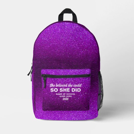 She Believed She Could Purple Glitter Sparkles Bedruckter Rucksack (Vorderseite)