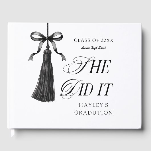 She Did It Black Bow Personalized Graduation Party Gästebuch (Vorderseite)