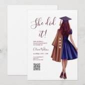She Did It | Brown Bronze Elegant Graduation Party Einladung (Vorne/Hinten)