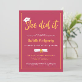 She Did It Grad Cap Magenta Graduation Party Photo Einladung