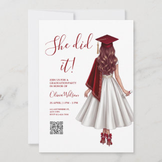 She Did It | Maroon Elegant Girl Graduation  Party Einladung