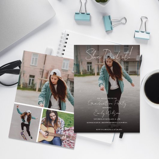 She Did It Multi Photo Graduation Party Invitation Postkarte