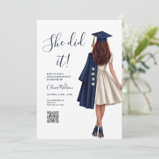 She Did It | Navy Blue Elegant Girl Graduation Einladung