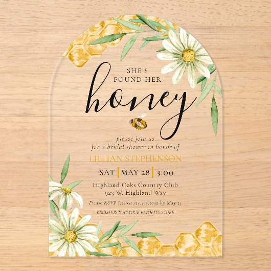 She Found Her Honey Bee Themed Daisy Bridal Shower Acryleinladungen (Vorderseite)