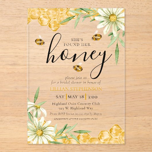 She Found Her Honey Bee Themed Daisy Bridal Shower Acryleinladungen (Vorderseite)