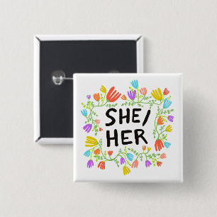 SHE?HER Pronouns Rainbow Floral Wreath Button