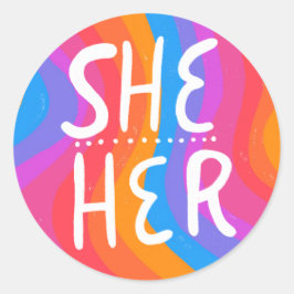 SHE/HER Pronouns Rainbow Handlettering Runder Aufkleber
