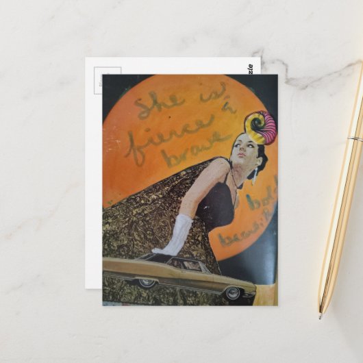 She is fierce and brave bold collage postkarte (Vorderseite/Rückseite Beispiel)