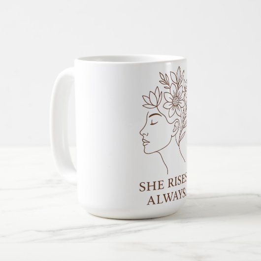 She Rises. Always — Minimalist Empowerment Design Kaffeetasse (Vorderseite Links)