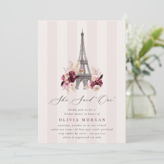 She Said Oui Blush Floral Paris Bridal Shower Einladung (Stehend Vorderseite)