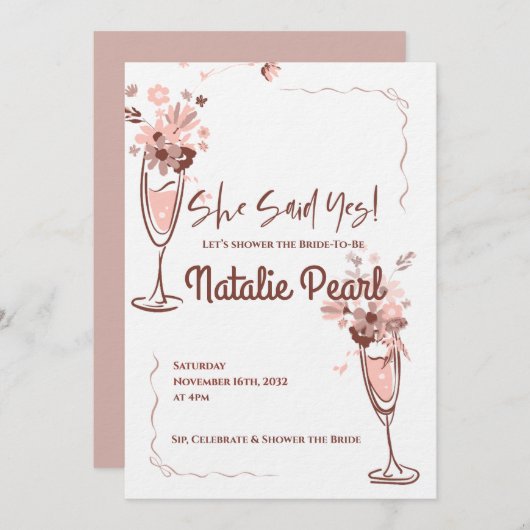 She Said Yes Blush Floral Champagne Bridal Shower Einladung (Vorne/Hinten)
