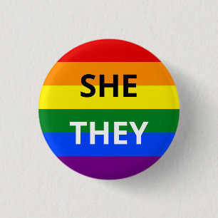She/They Pronoun Rainbow Badge Button