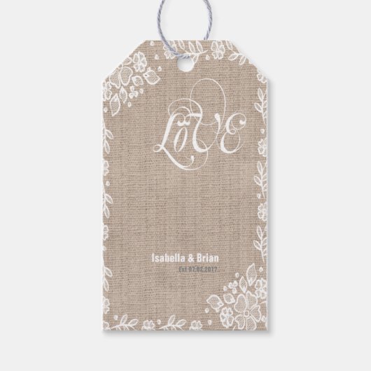 Shear Lace Burlap Rustic Country Western Wedding Geschenkanhänger (Vorderseite)