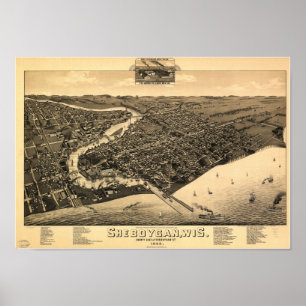 Sheboygan WI 1885 Antique Panoramabalkarte Poster