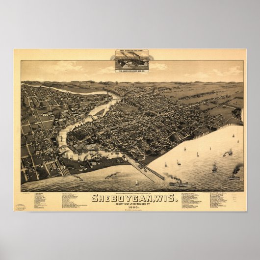 Sheboygan WI 1885 Antique Panoramabalkarte Poster (Vorne)