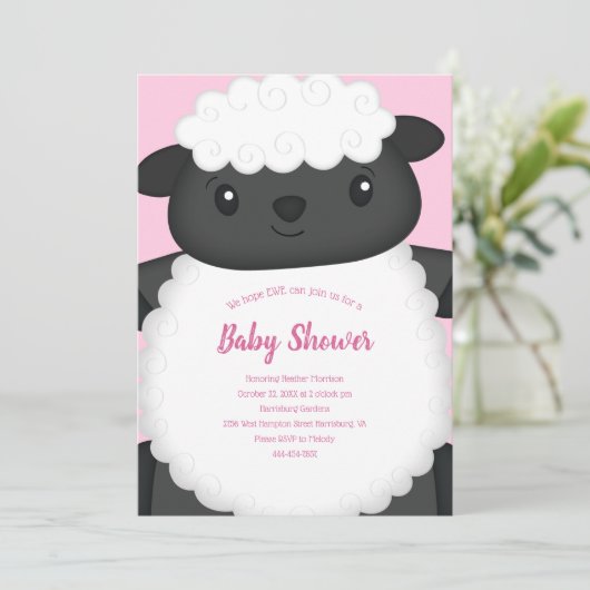 Sheep Baby Dusche Rosa Einladung (Stehend Vorderseite)
