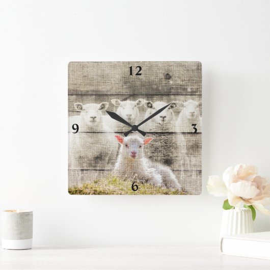 Sheep Baby Lamb Burlap Square Wall Uhr (Zuhause)