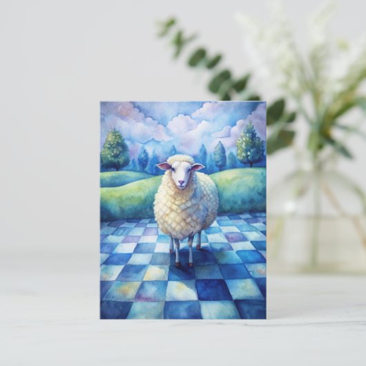 Sheep Blue Checkered Checking on Friend Postkarte (Stehend Vorderseite)