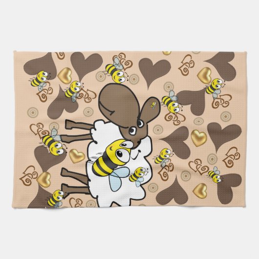 Sheep Brown Hearts Bee Kitchen Handtuch (Horizontal)