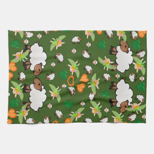 Sheep Green Orange Hearts Fairy Kitchen Handtuch (Horizontal)