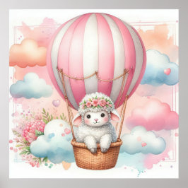 Sheep Hot Air Ballon Girl Poster