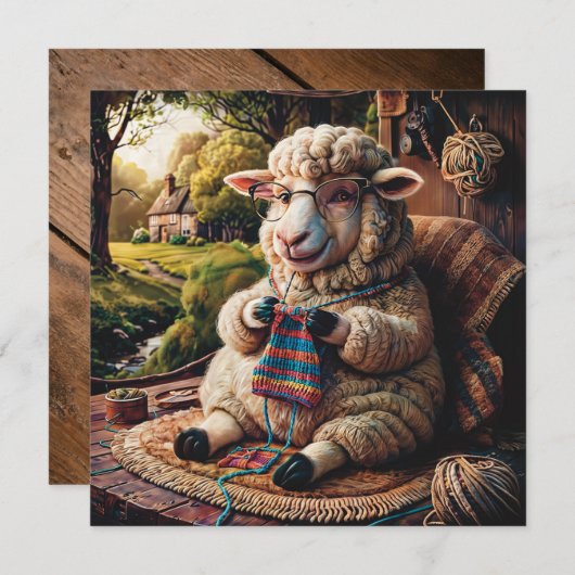 Sheep Knitting 1.1 Funny Flat Greeting Card (Vorne/Hinten)