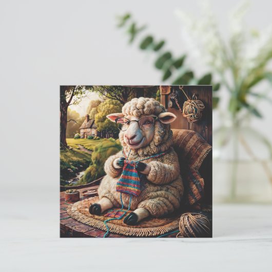 Sheep Knitting 1.1 Funny Flat Greeting Card (Stehend Vorderseite)