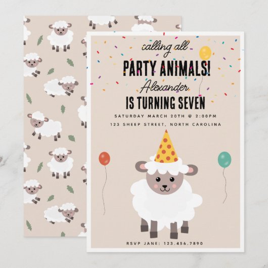 Sheep Lamb Cute Farm Party Animals Birthday Einladung (Vorne/Hinten)